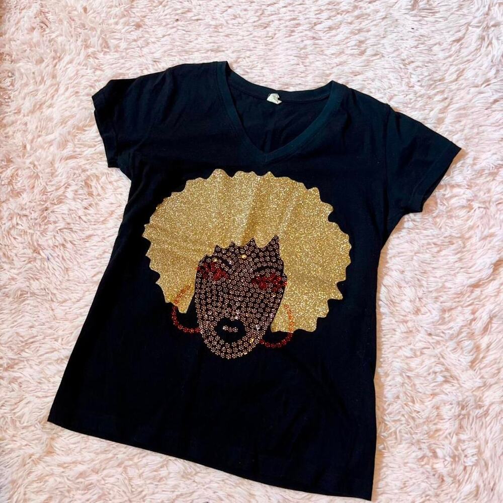 Gold Rhinestone Afro Woman Bling Artistic Hipster Disco Flirty Edgy‎ Glam Tee